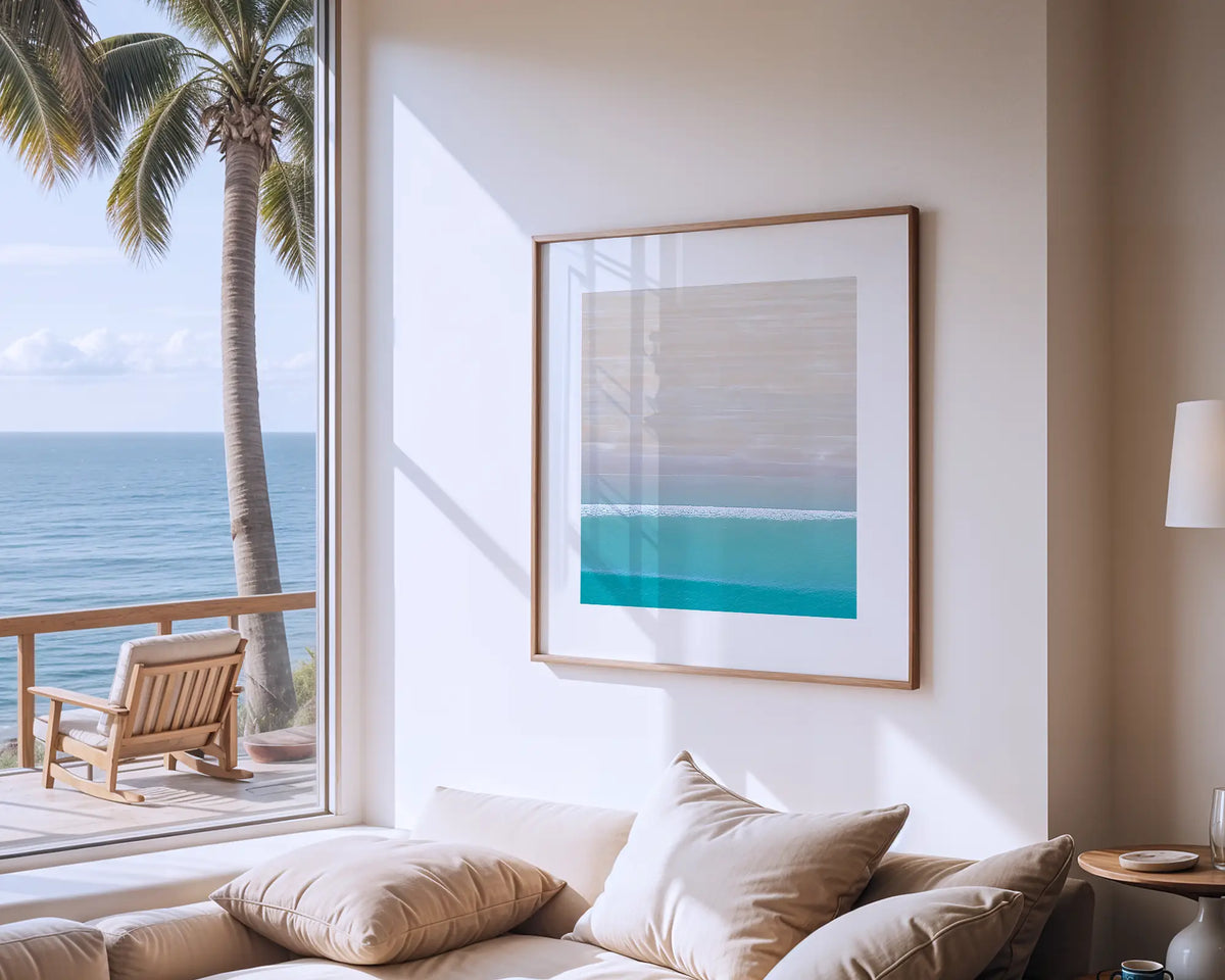 Cable Calm. Photographic, abstract wall art print of Cable Beach, Broome, with a timber frame, hung in a coastal house. 