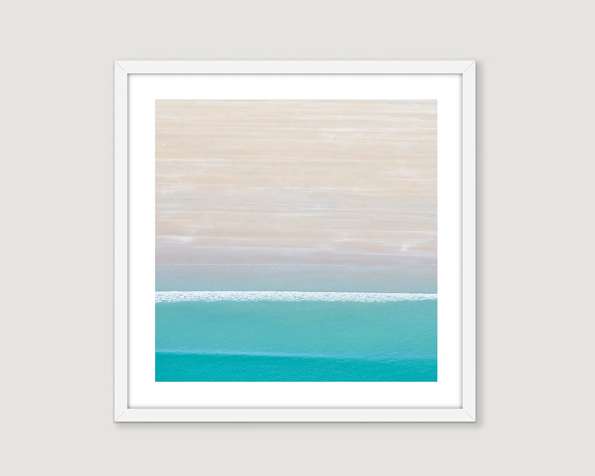 Framed photographic aerial view of a coastal scene of Cable Beach, Broome. 