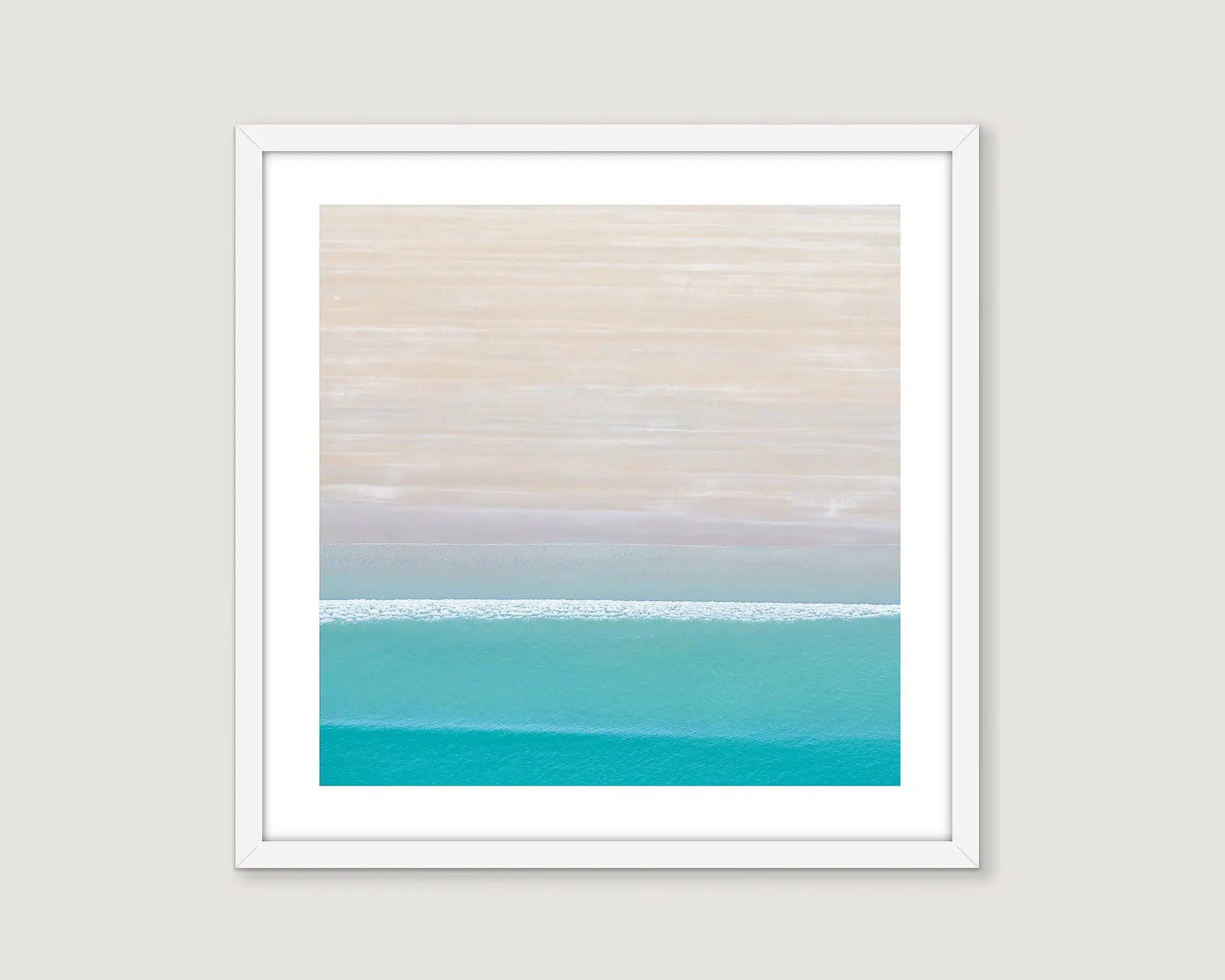 Framed photographic aerial view of a coastal scene of Cable Beach, Broome. 