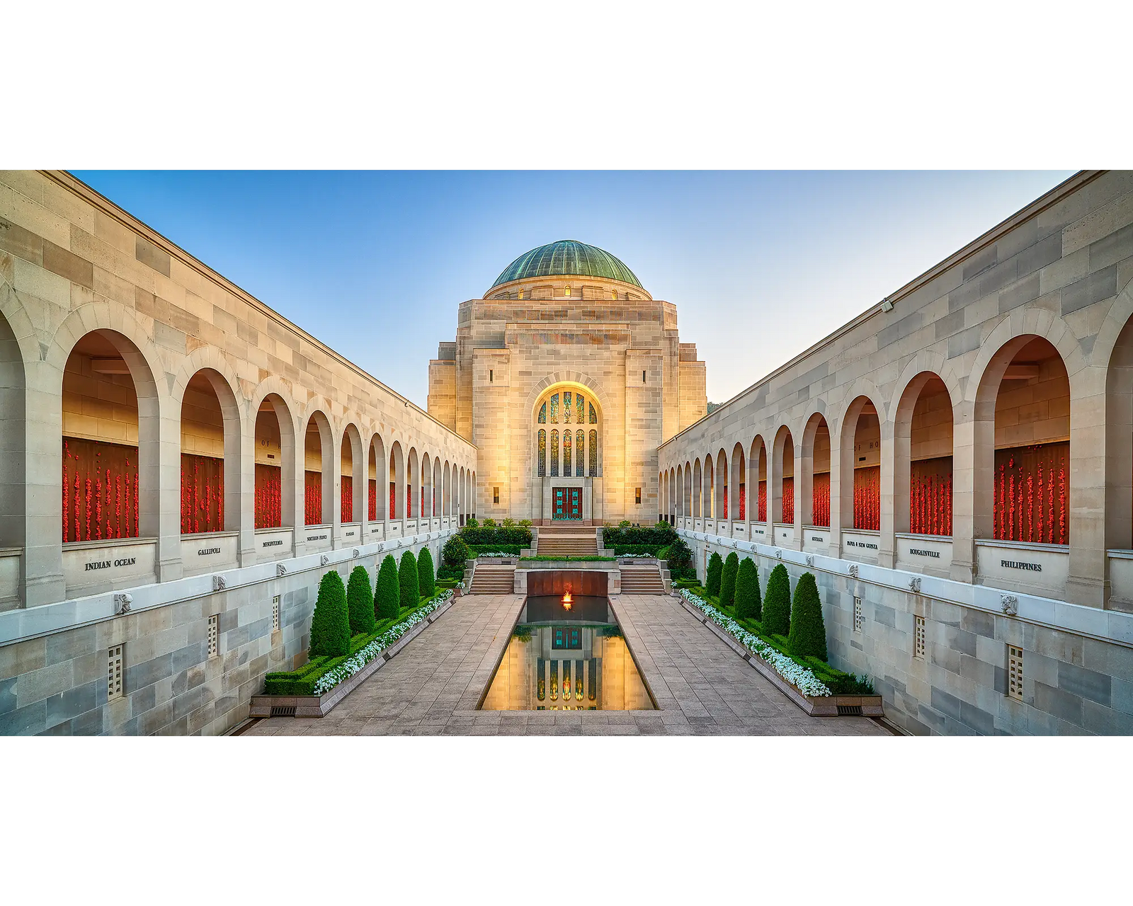Calm Contemplation. Acrylic block of Australian War Memorial at Dawn. Canberra Artwork.