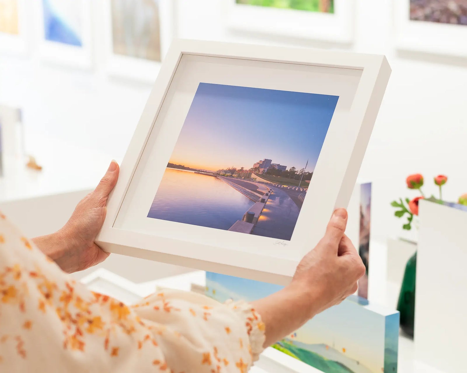 Framed wall art print of Lake Burley Griffin and the High Court early on a spring morning. 