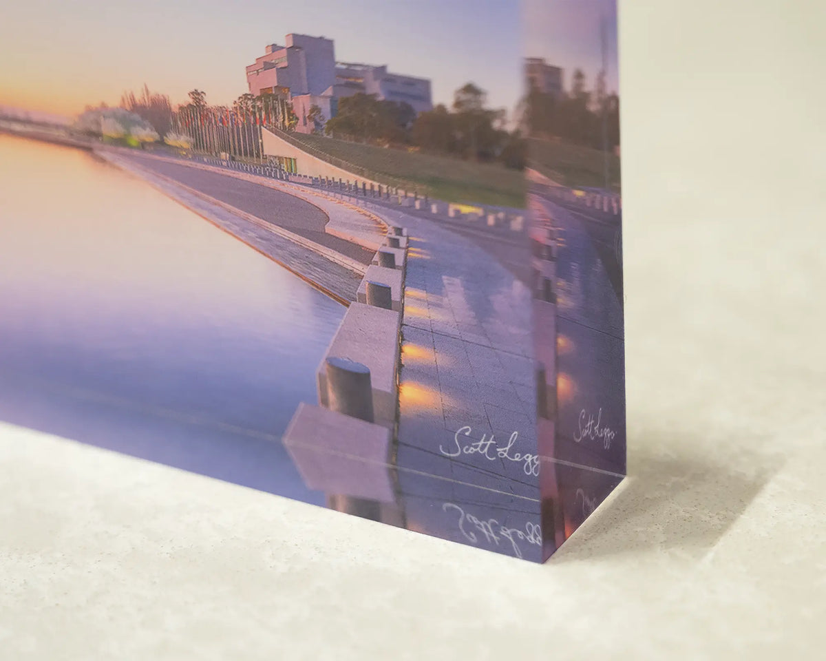 Canberra Awakes. Sunrise over Lake Burley Griffin acrylic block. Close-up corner image showing 3D effect.
