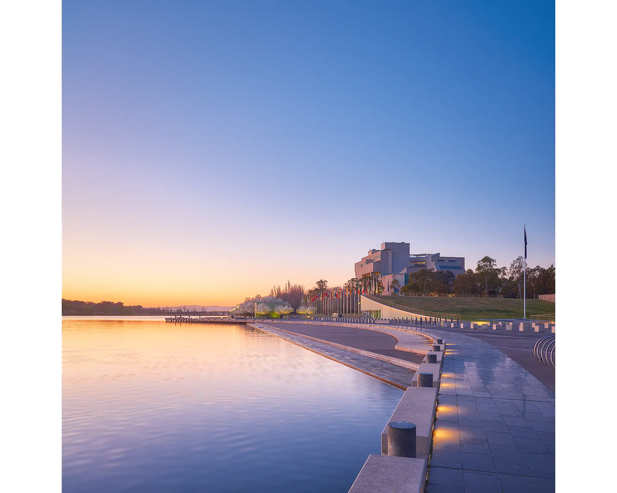 Sunrise over Lake Burley Griffin and the High Court of Australia, Canberra. 