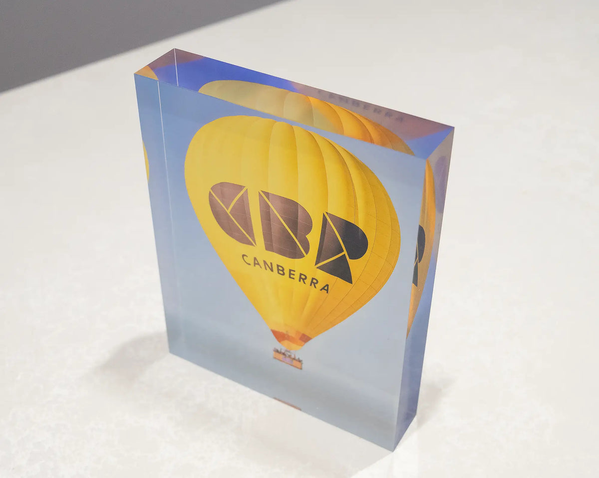 Canberra Bubble. Acrylic block of a hot air balloon, top side view showing 3D effect.