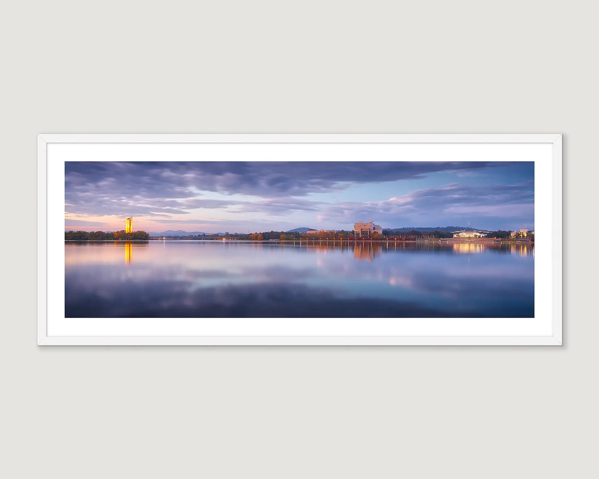 Framed wall art print of Lake Burley Griffin showing the Carillon, Parliament House and the law courts. 