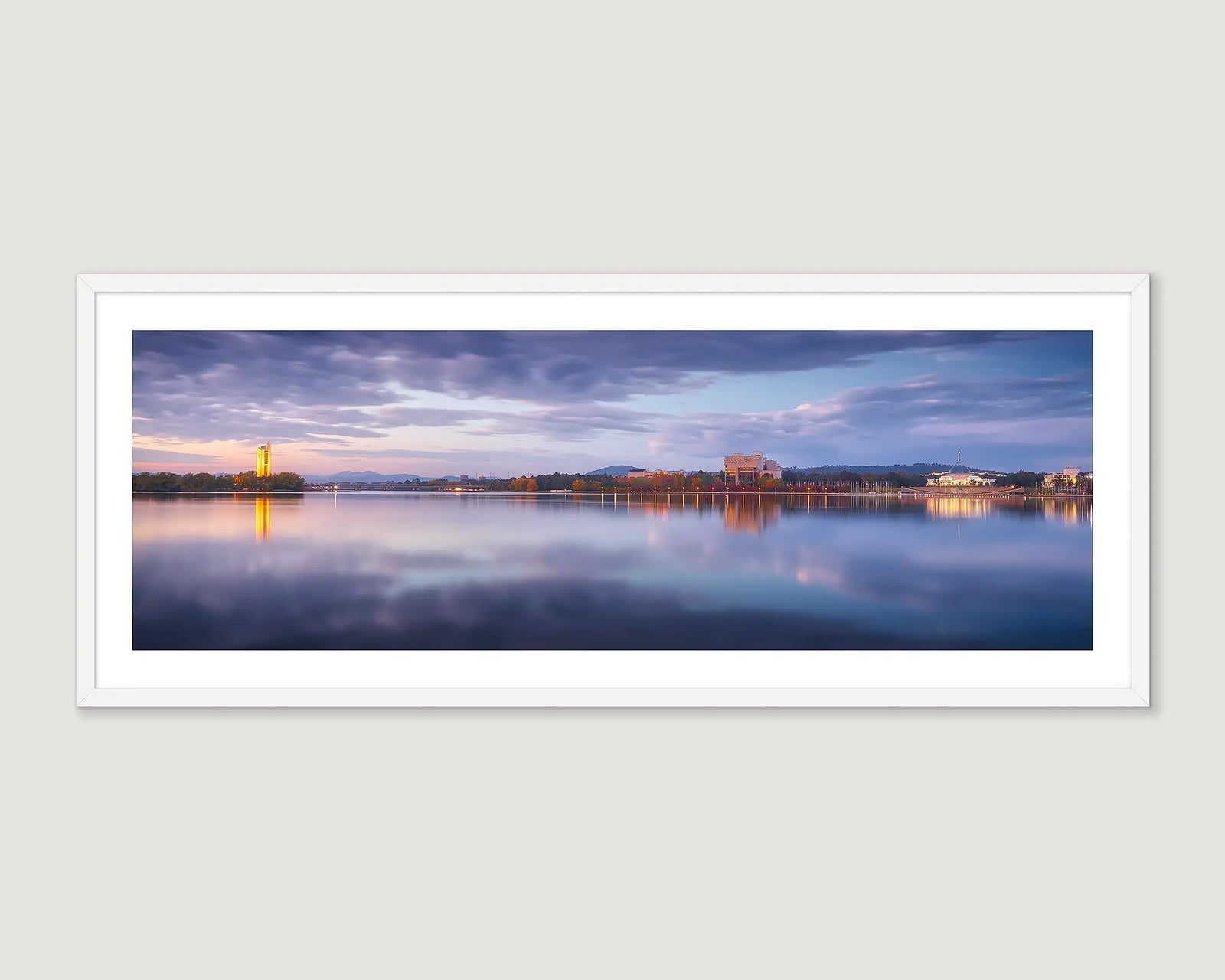 Framed wall art print of Lake Burley Griffin showing the Carillon, Parliament House and the law courts. 