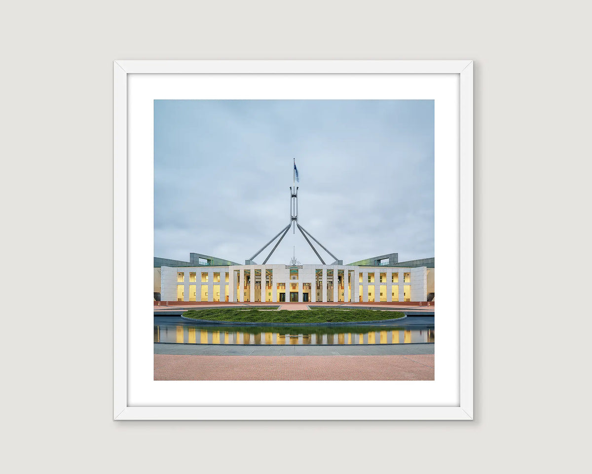 Framed photograph of Australian Parliament House in Canberra. 