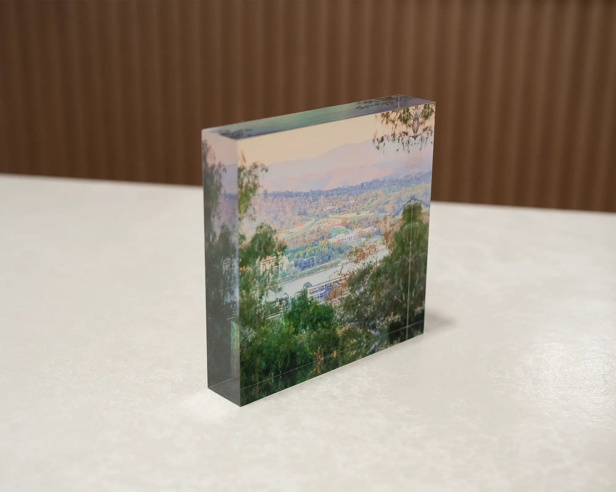 Capital View Acrylic block looking through gum trees towards Parliament House, Canberra.