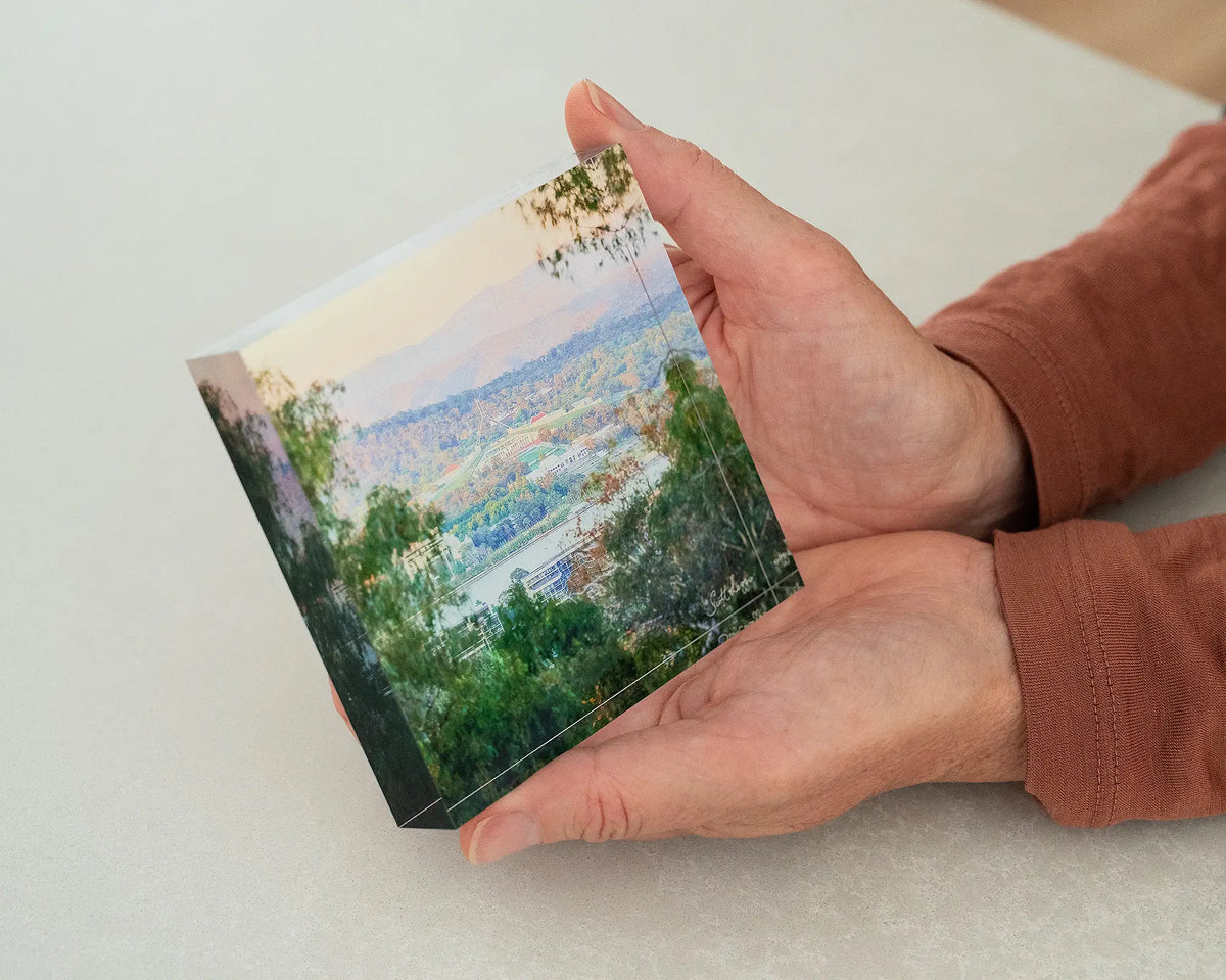 Capital View. Acrylic block views of Parliament House through gum trees being hand held.
