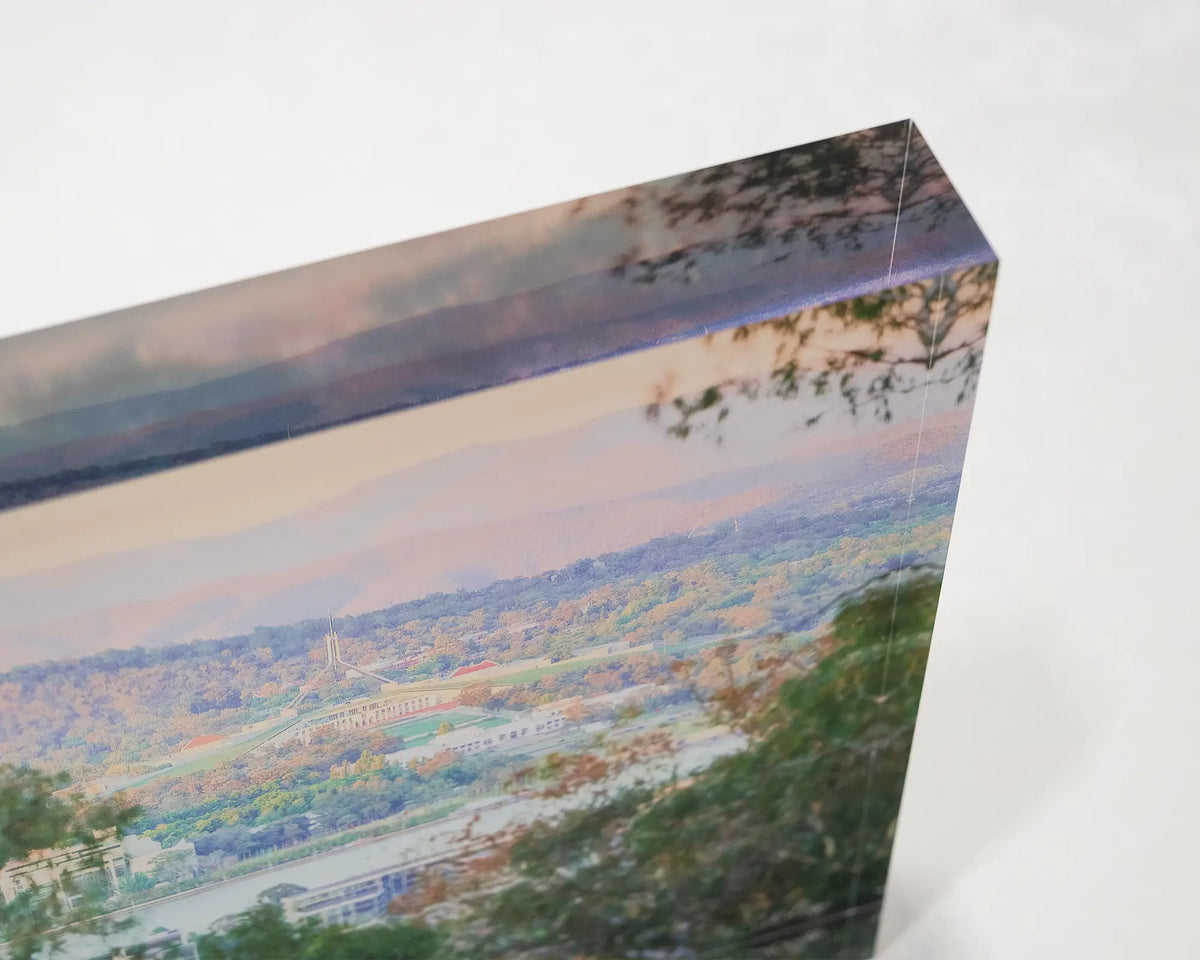 Capital View. Acrylic block views of Parliament House through gum trees. Corner close-up detail.