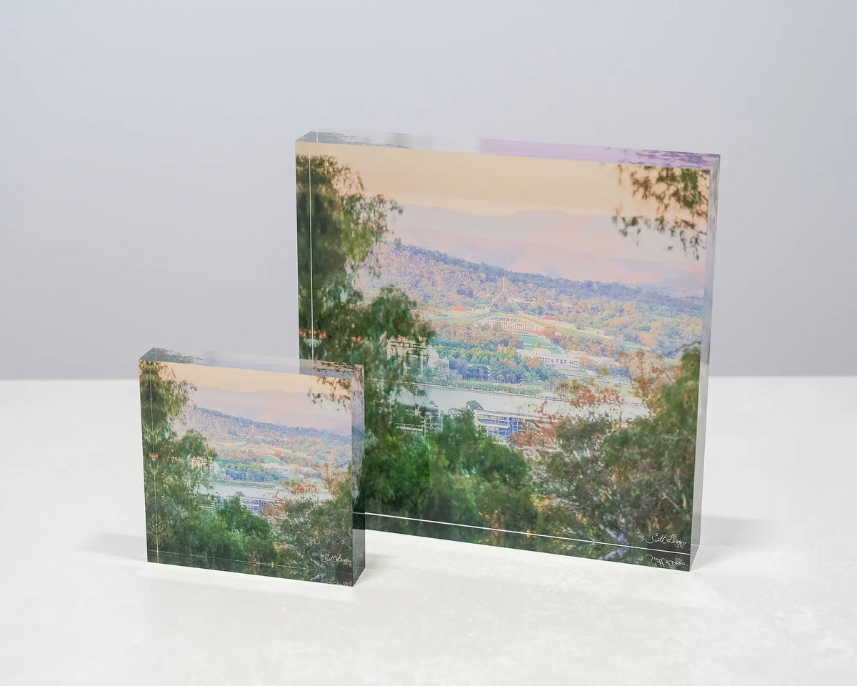 Capital View. Views of Parliament House, Canberra, through gum trees, 10cm and 19cm acrylic blocks.