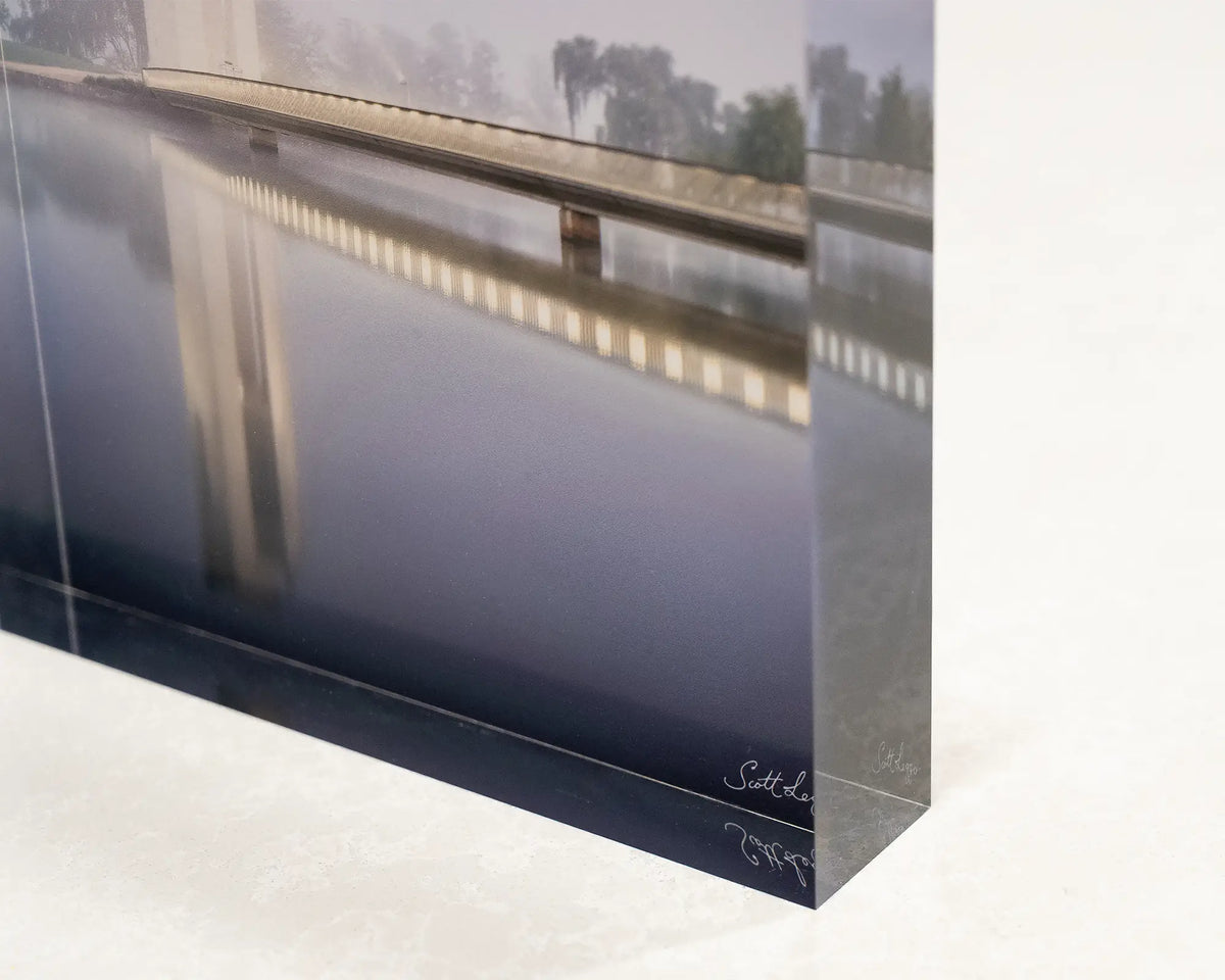 Carillon Blues. Acrylic block of the National Carillon Canberra, close-up image showing 3D effect.