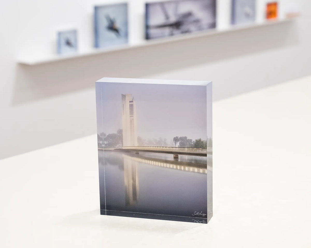 Carillon Blues. Acrylic block of the National Carillon Canberra, in morning fog.