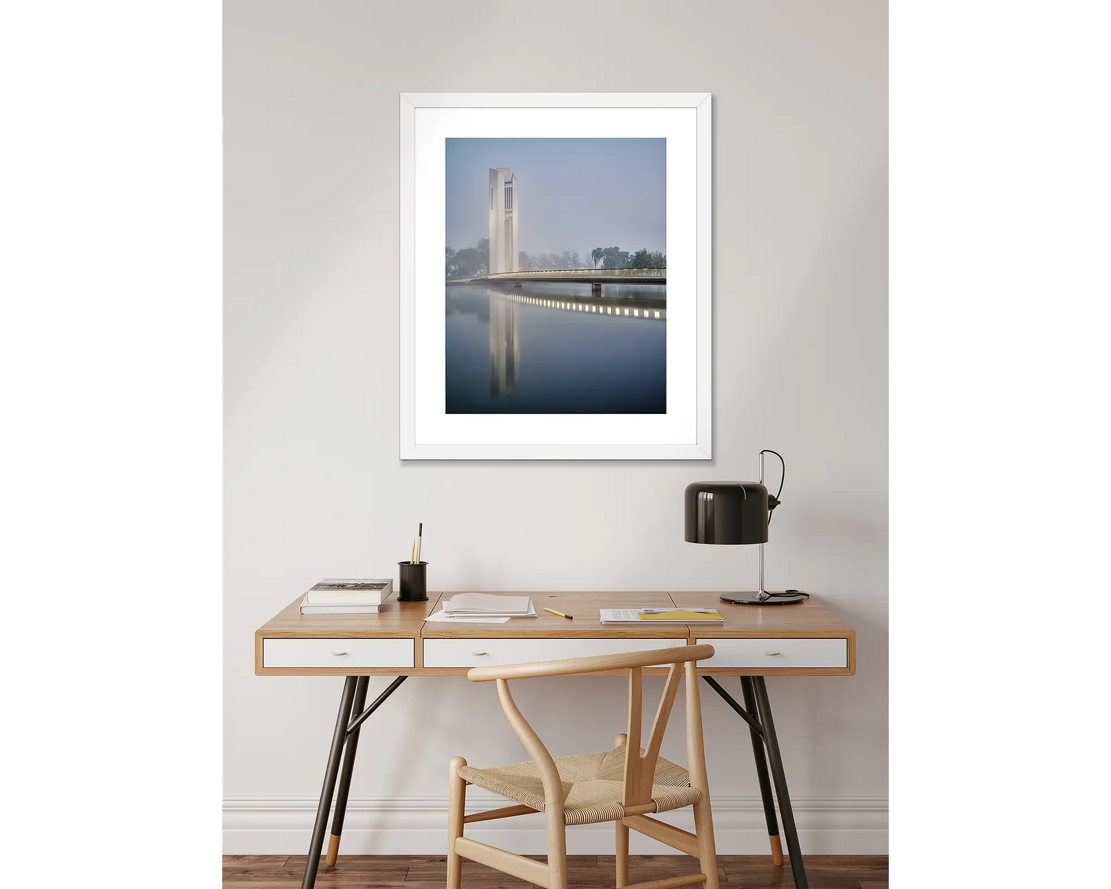 Framed wall art print of the Carillon lit up on a dark foggy morning around Lake Burley Griffin. 