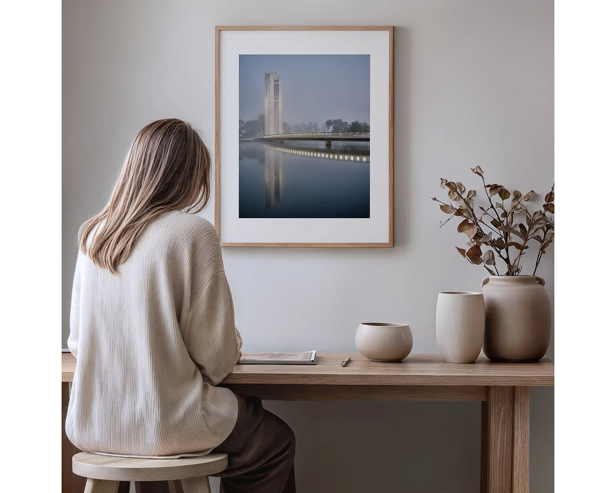 Carillon Blues. Canberra photography artwork, with a timber frame, hung in a study nook.