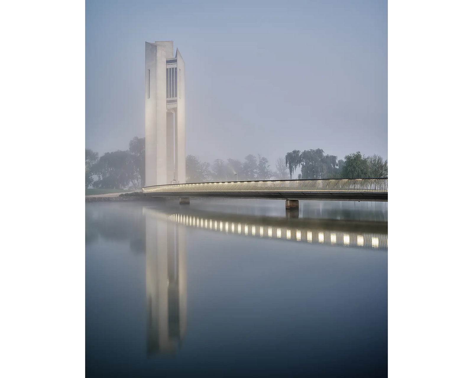 Carillion Blues. Acrylic block of the National Carillion in morning fog. Canberra artwork.
