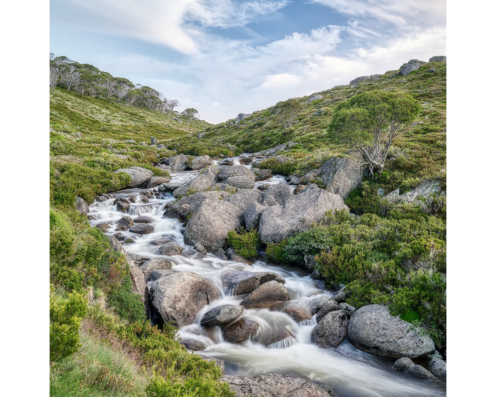 Thredbo River cascading through a valley in Kosciuszko National Park, NSW. 