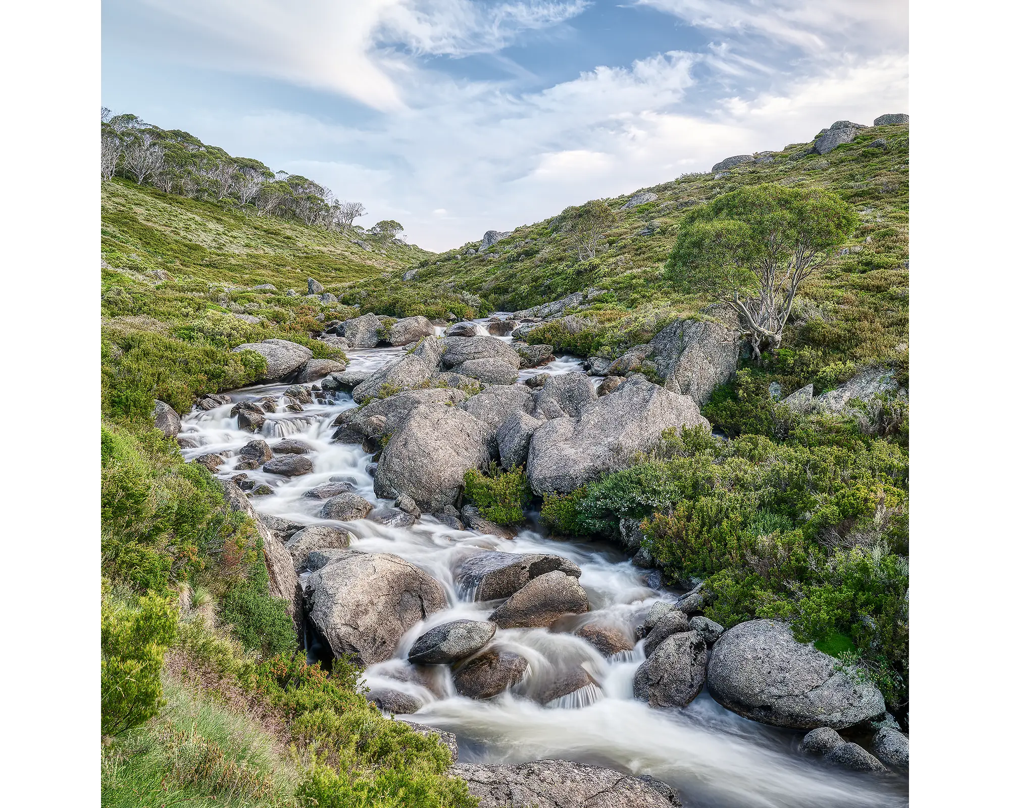 Thredbo River cascading through a valley in Kosciuszko National Park, NSW. 