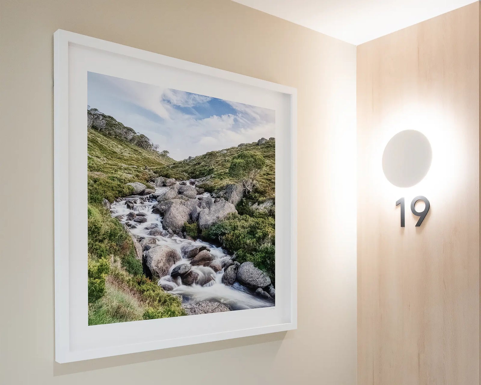 Photographic wall art print of water cascading down the Thredbo River. 