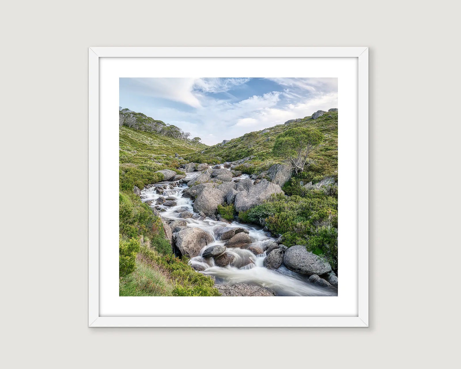 Photographic wall art print of water cascading down the Thredbo River. 