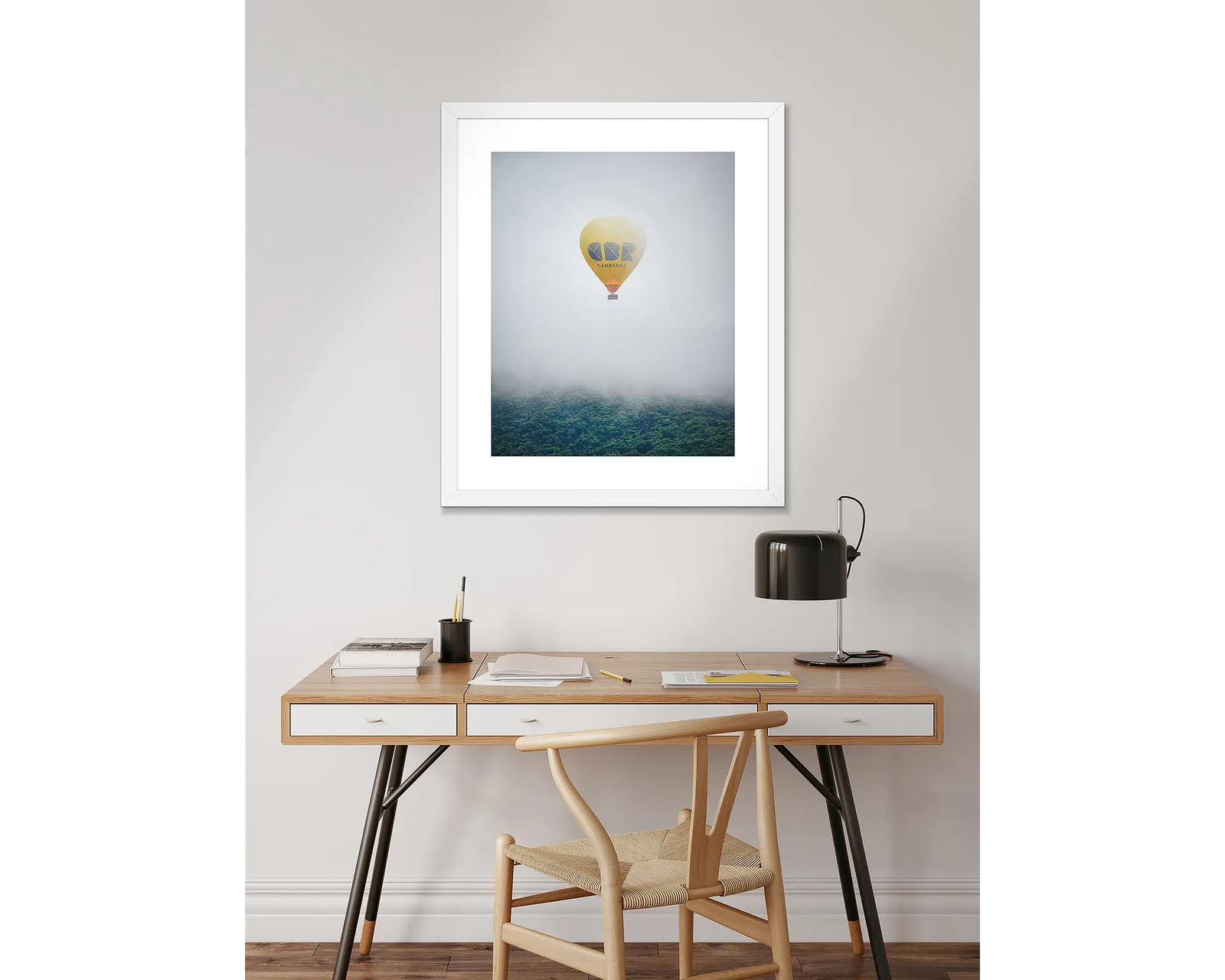 Framed wall art print of the yellow CBR balloon emerging from cloud over Black Mountain.