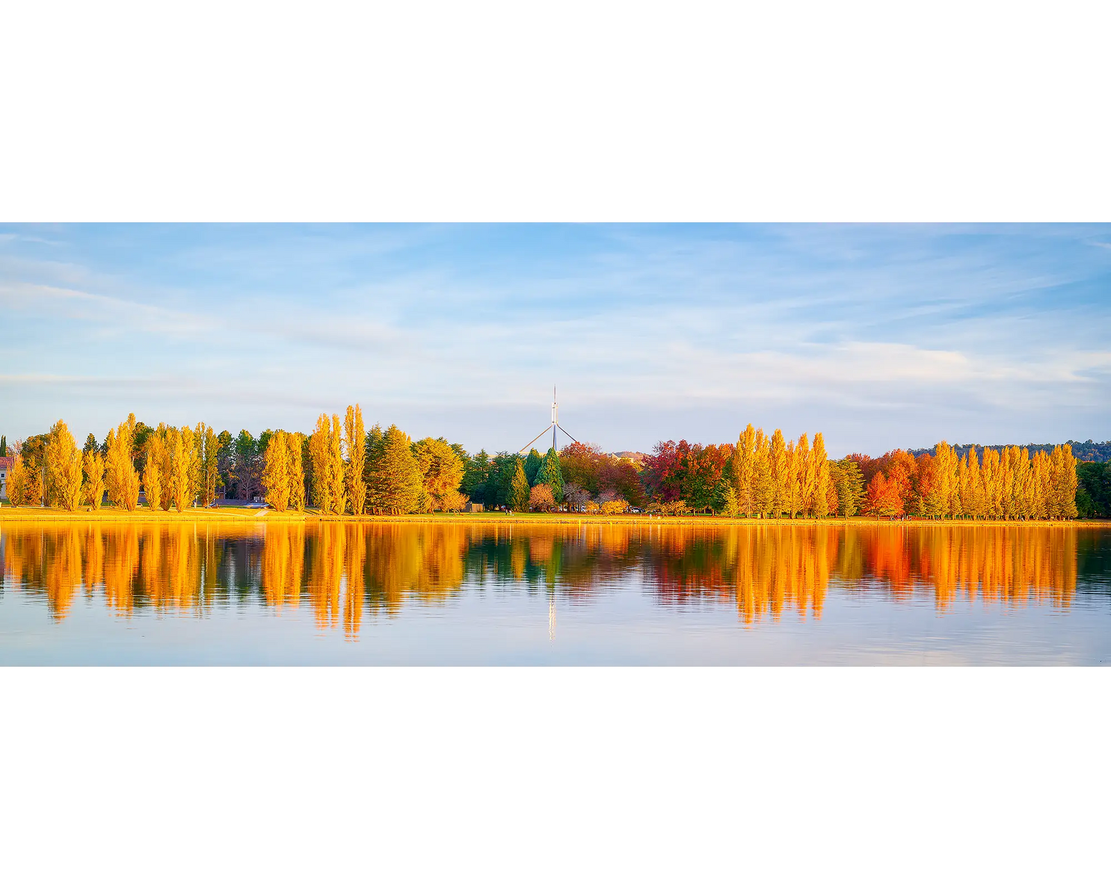 Changing Seasons. Autumn trees at sunset beside Lake Burley Griffin.