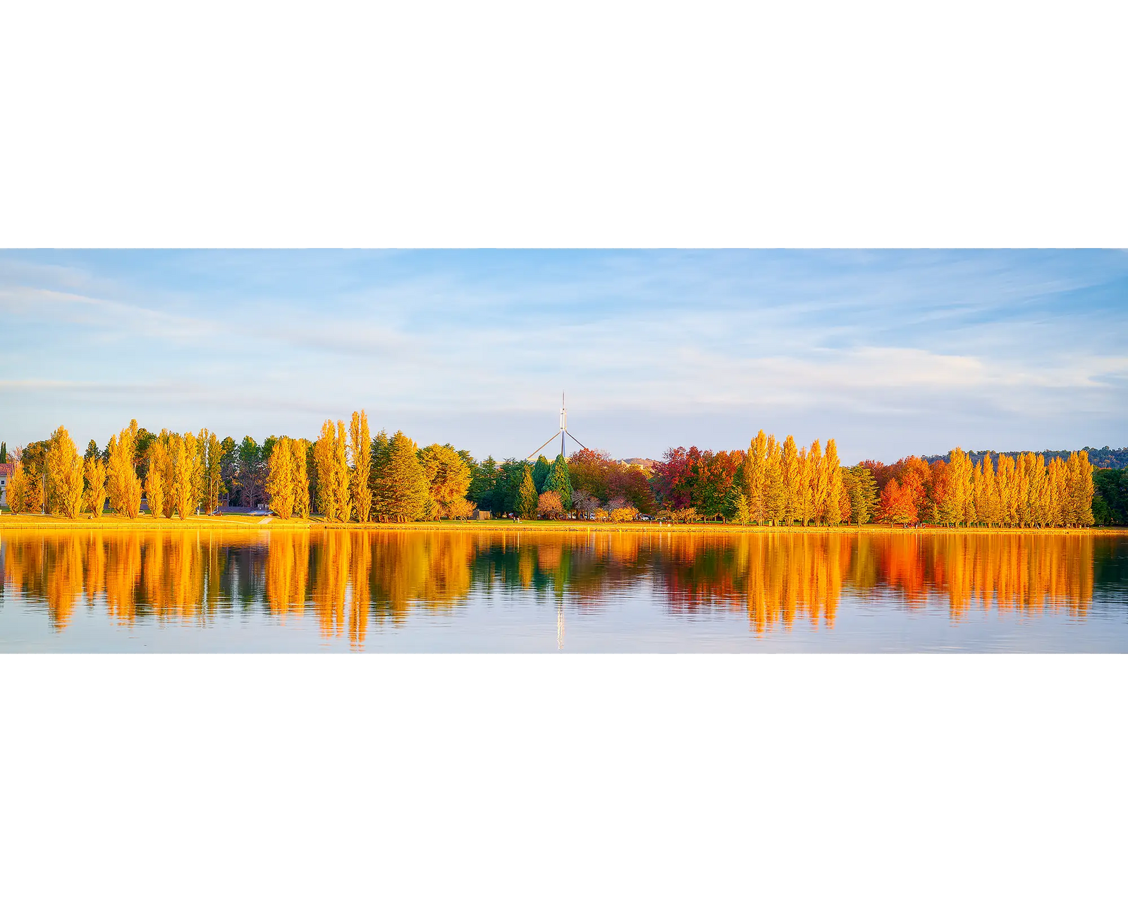 Changing Seasons. Autumn trees at sunset reflecting in Lake Burley Griffin.