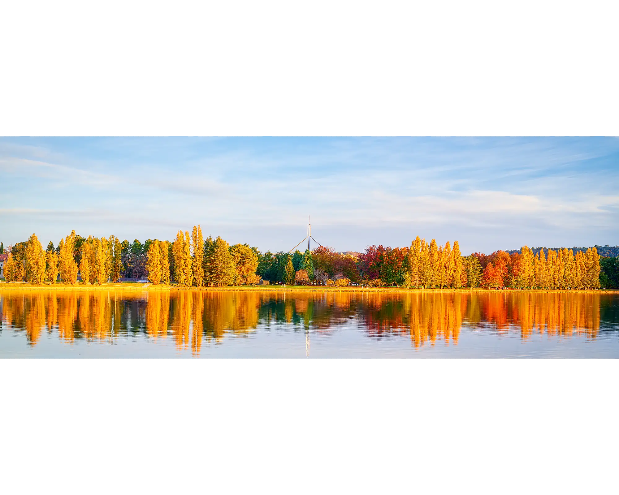 Changing Seasons. Autumn trees at sunset reflecting in Lake Burley Griffin.