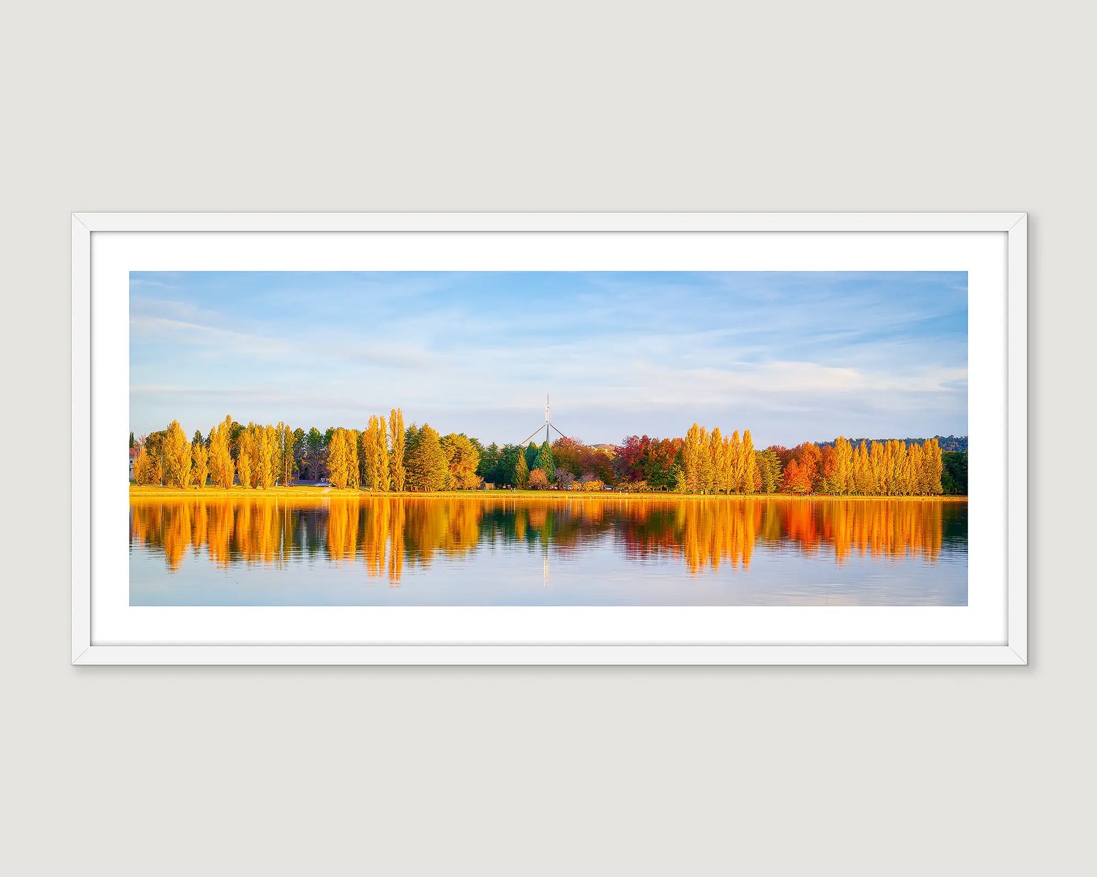 Framed photograph of poplar trees around Lake Burley Griffin turning gold in autumn with Parliament House in the background. 