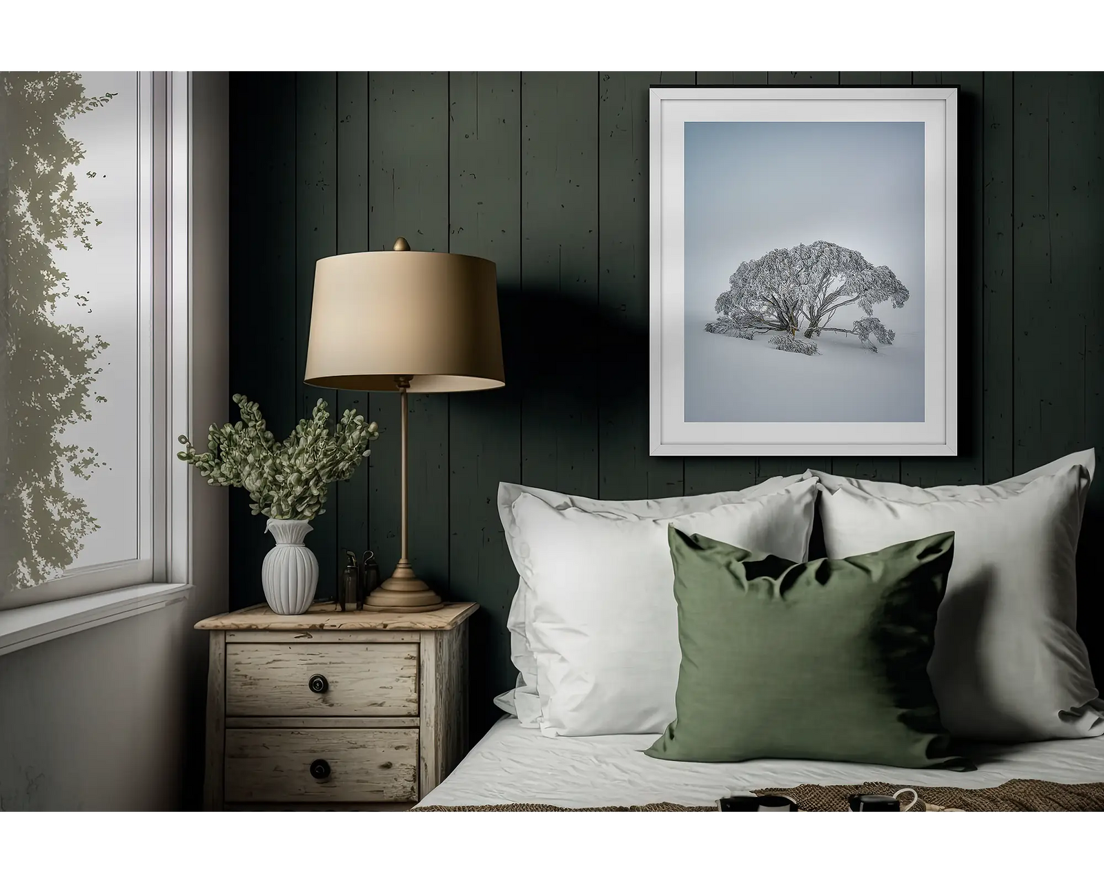 Framed artwork of a solo snow gum  on Mount Hotham, in a snow storm covered in heavy ice. 