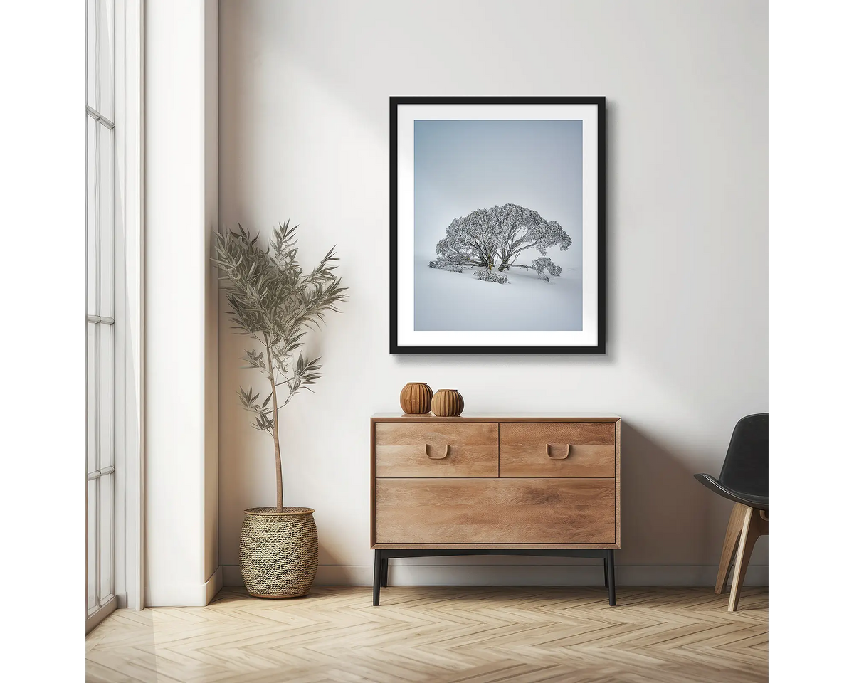 Chilled. Snow gum photographic wall art print with a black frame, hung in a scandi hallway. 