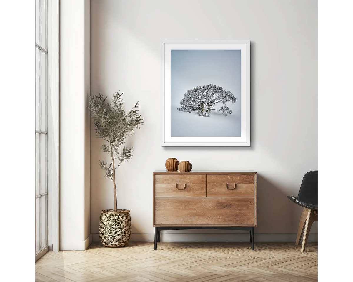 Chilled. Snow gum photographic wall art print with a white frame, hung in a scandi hallway. 