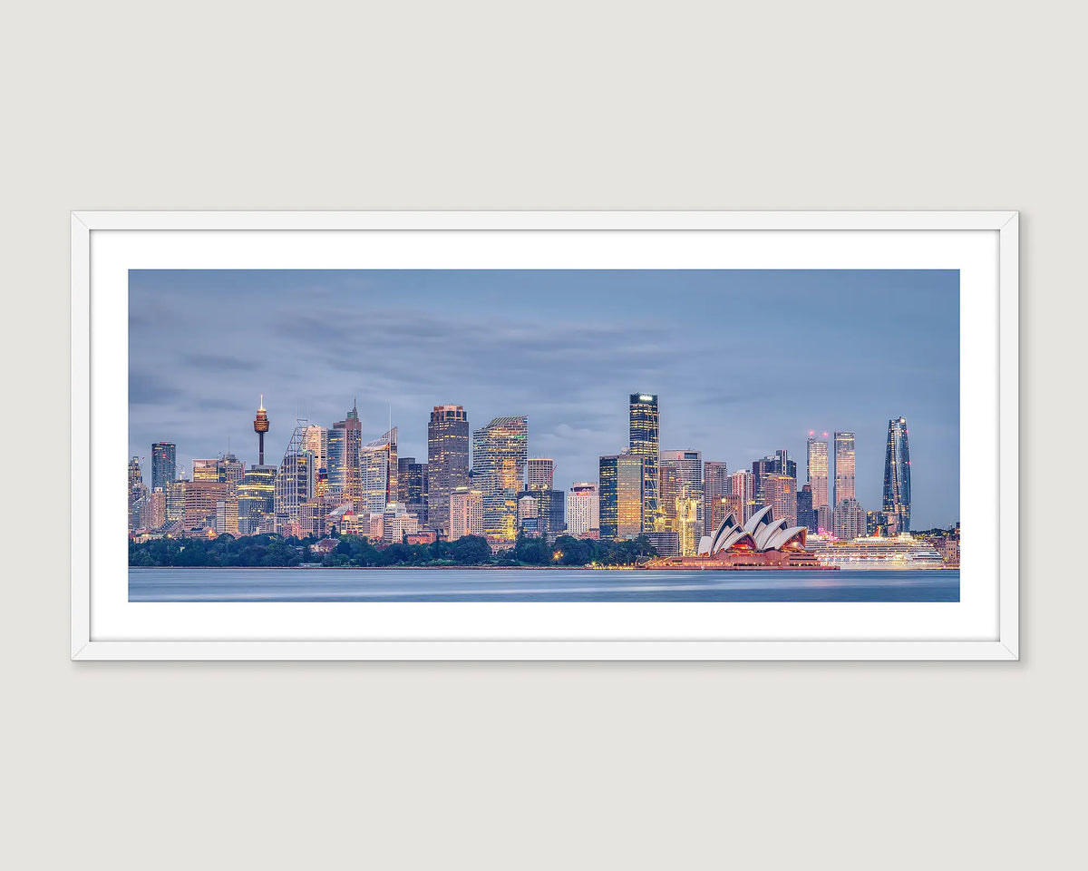 Framed photograph of Harbour views of the city of Sydney including the Opera House. 