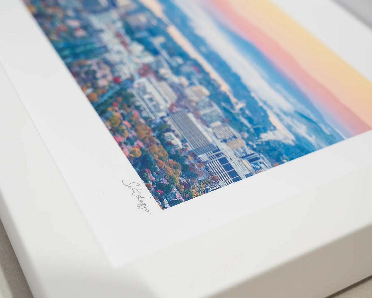 Civic Autumn. Autumn sunrise over Canberra. Close-up detail of small framed print.