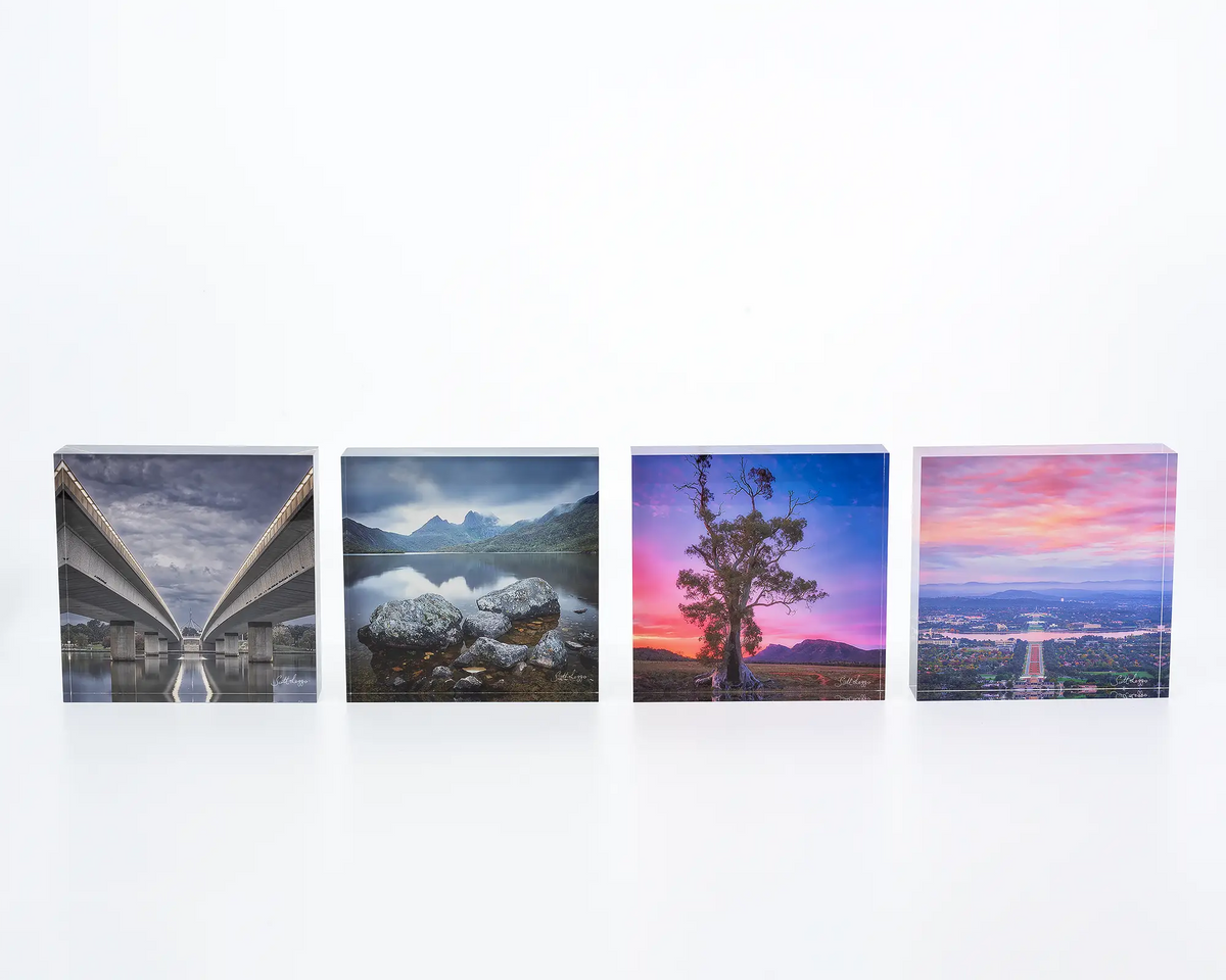 Classic Cradle acrylic block. Cradle Mountains and Dove Lake, Tasmanian artwork with other square blocks.