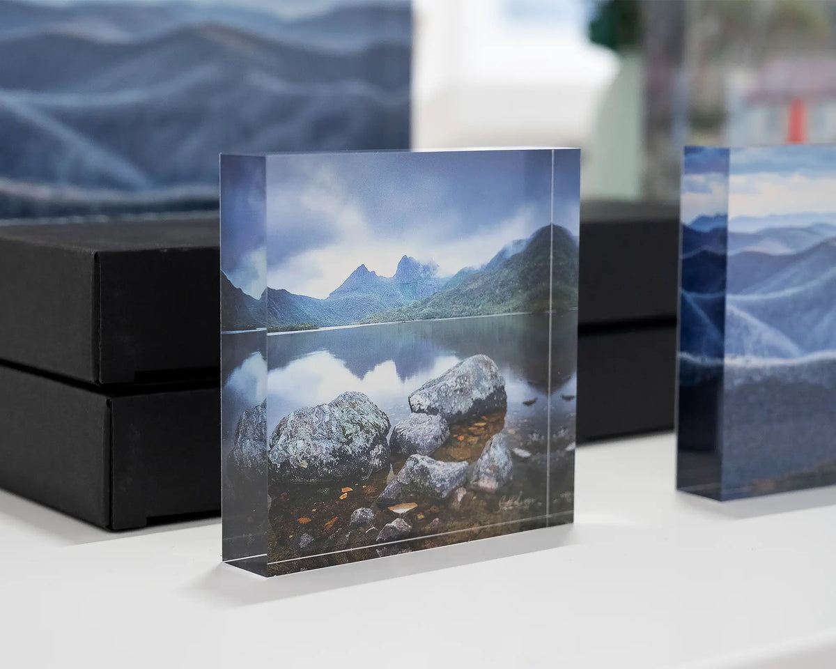 Classic Cradle. Acrylic block Dove Lake, Cradle Mountain, Tasmania, on display with alpine acrylic blocks.