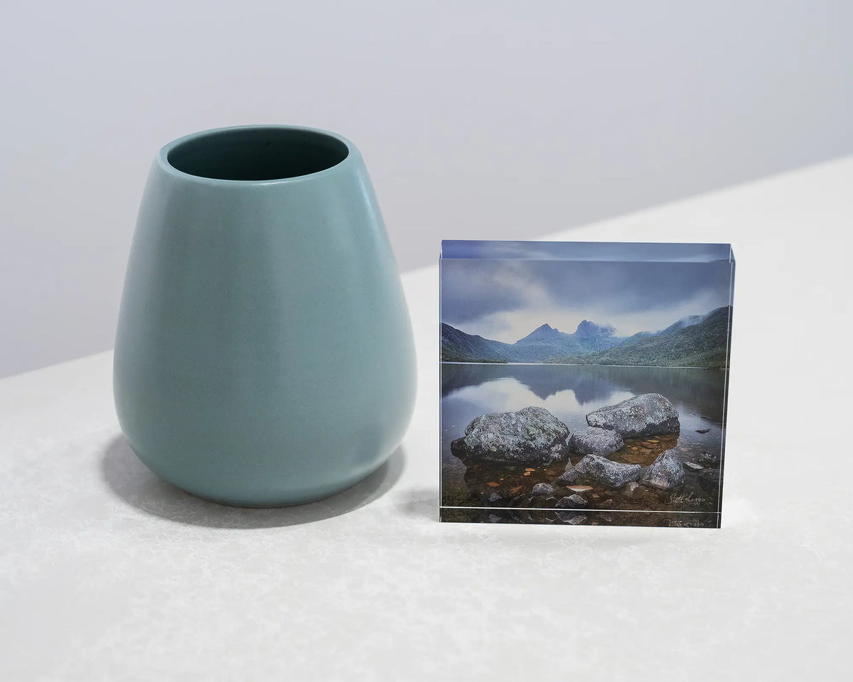 Classic Cradle. Acrylic block Dove Lake, Cradle Mountain, Tasmania, styled with a small vase.