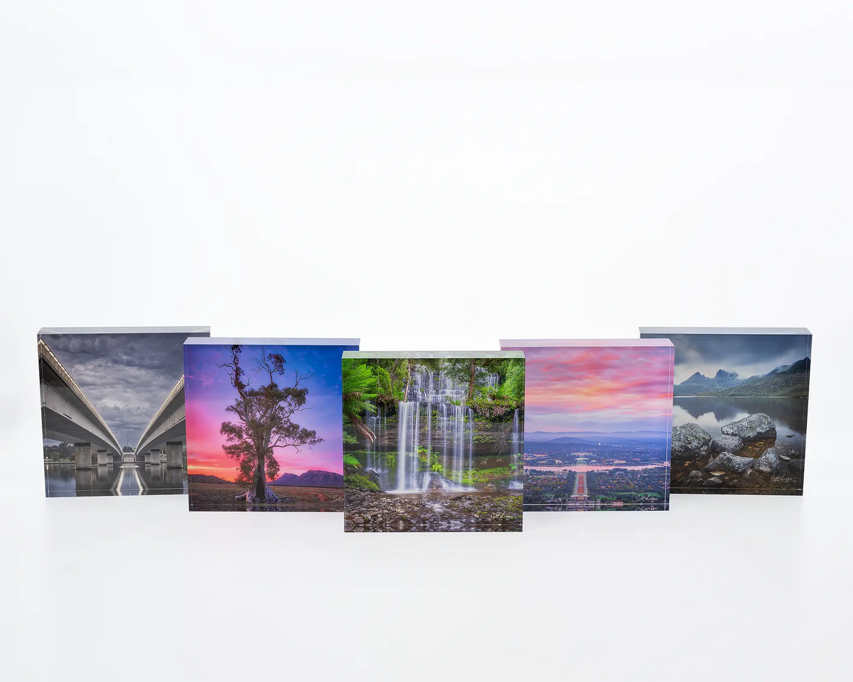 Classic Cradle acrylic block. Cradle Mountains and Dove Lake, Tasmanian artwork with other square acrylic blocks.