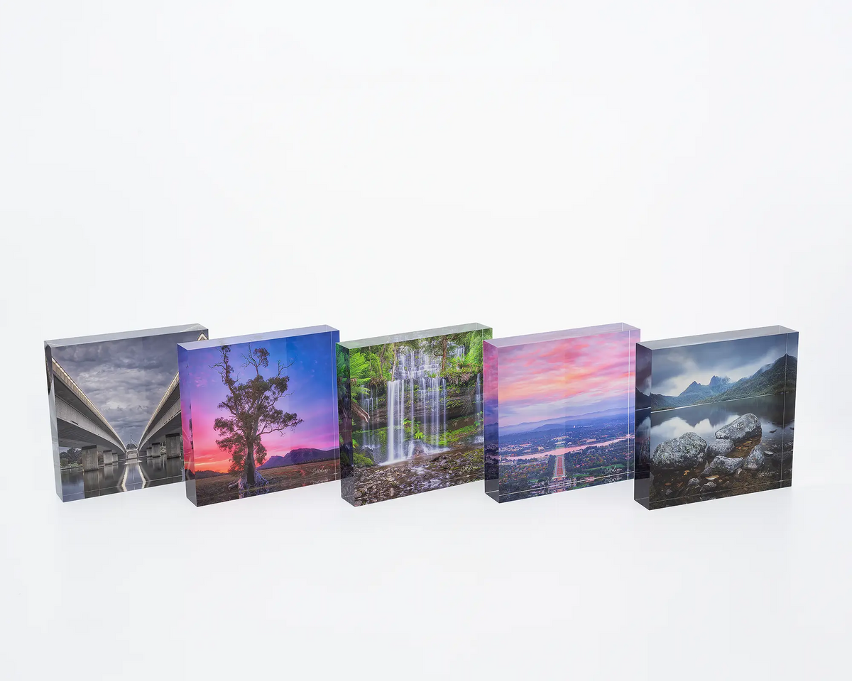 Classic Cradle acrylic block. Cradle Mountains and Dove Lake, Tasmanian artwork with other square blocks sitting next to each other.