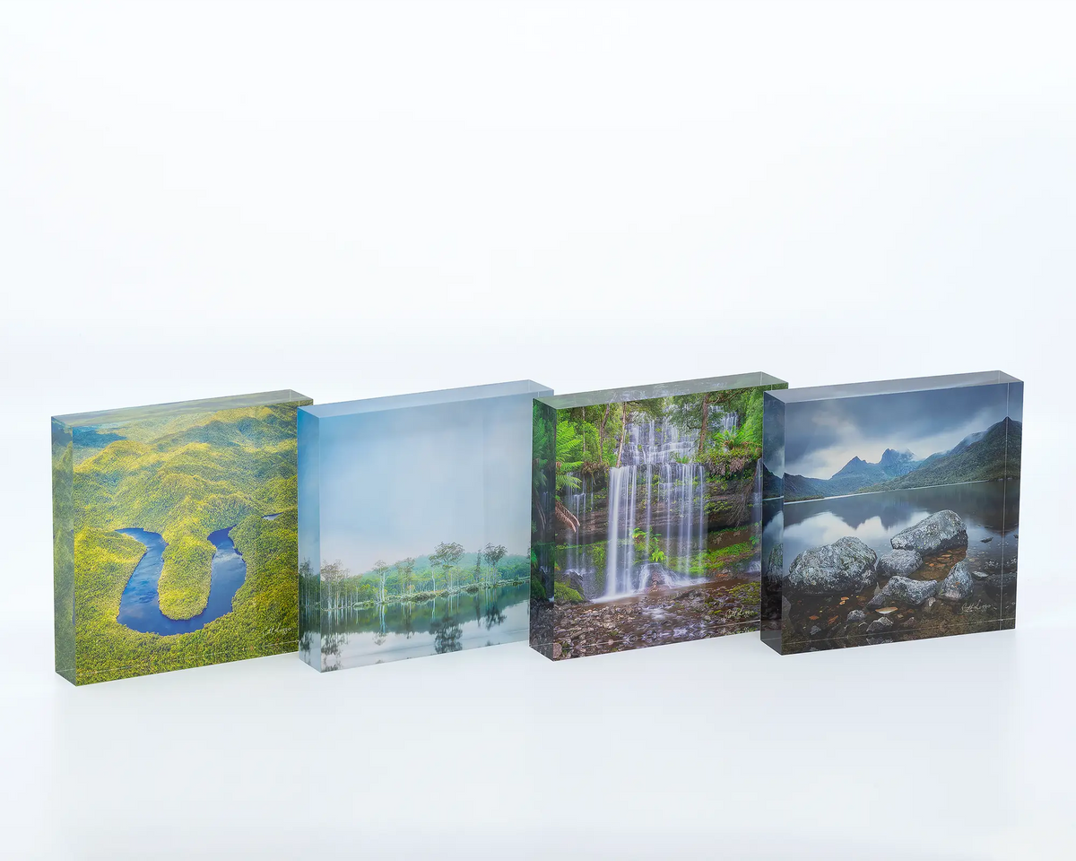 Classic Cradle acrylic block. Cradle Mountains and Dove Lake, Tasmanian artwork with other square Tasmania blocks.