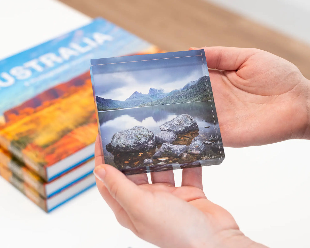 Classic Cradle acrylic block. Cradle Mountains and Dove Lake, Tasmanian artwork being held in hand.