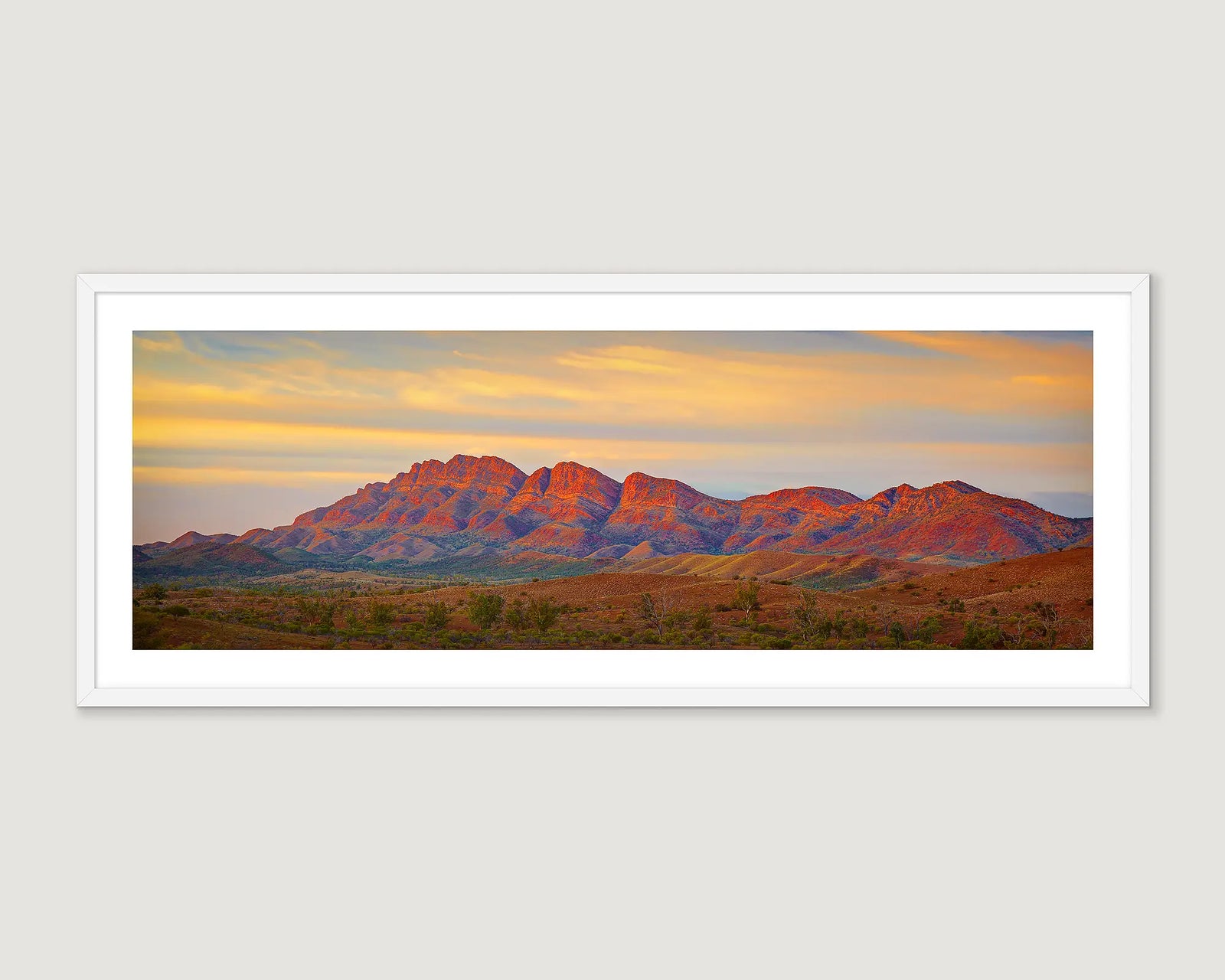Framed wall art print of a sunrise over Elder Range, Flinders Ranges. 