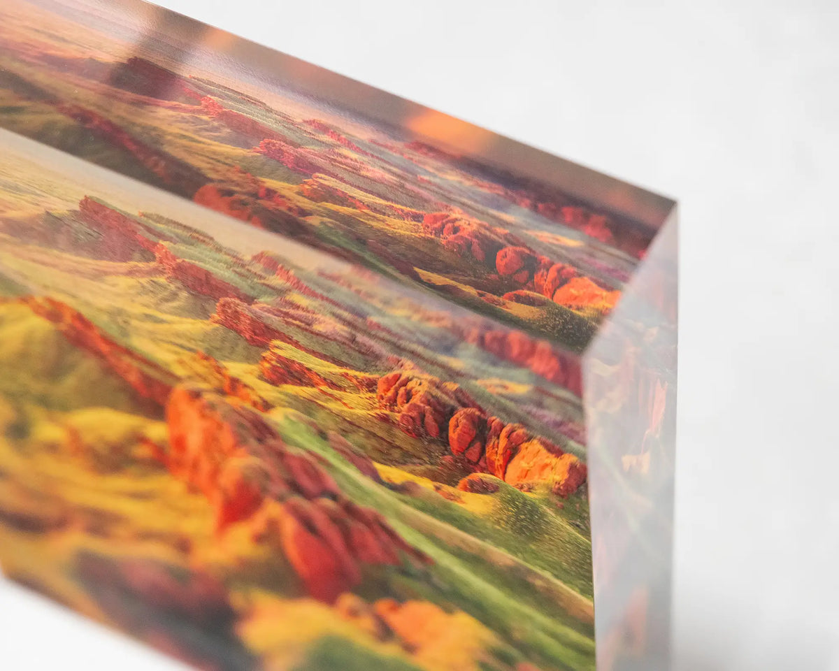 Classic Kimberley. Acrylic block Ragged Range, Western Australia, close-up details from top corner showing 3D effect.