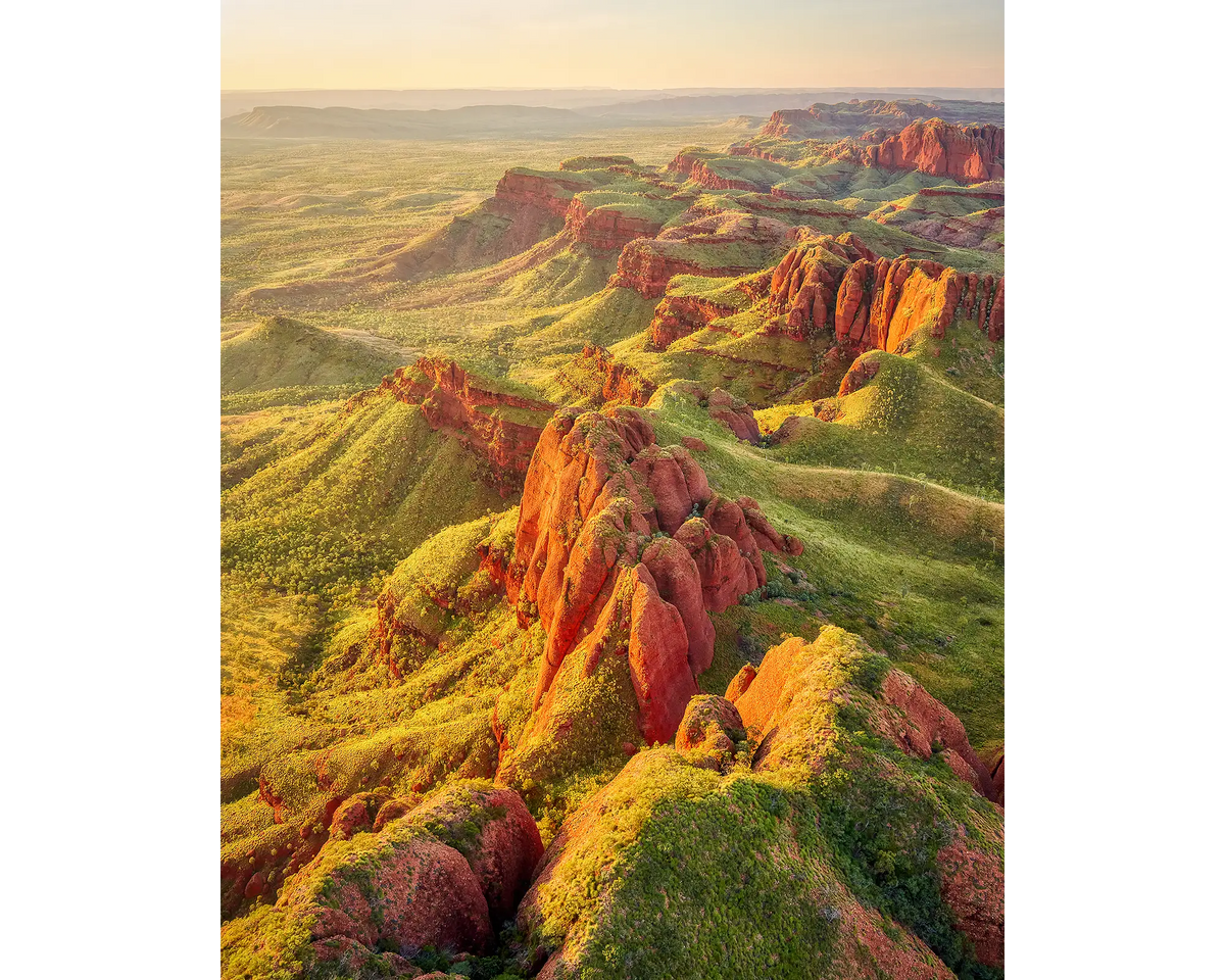 Aerial view of Ragged Range at sunset in the Kimberley, Western Australia.