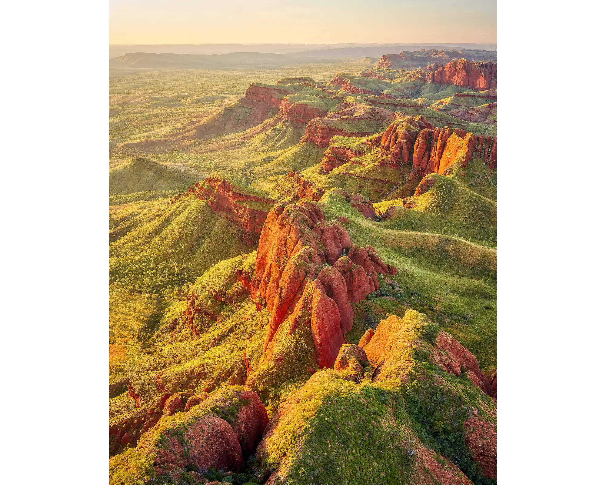 Aerial view of Ragged Range at sunset in the Kimberley, Western Australia.