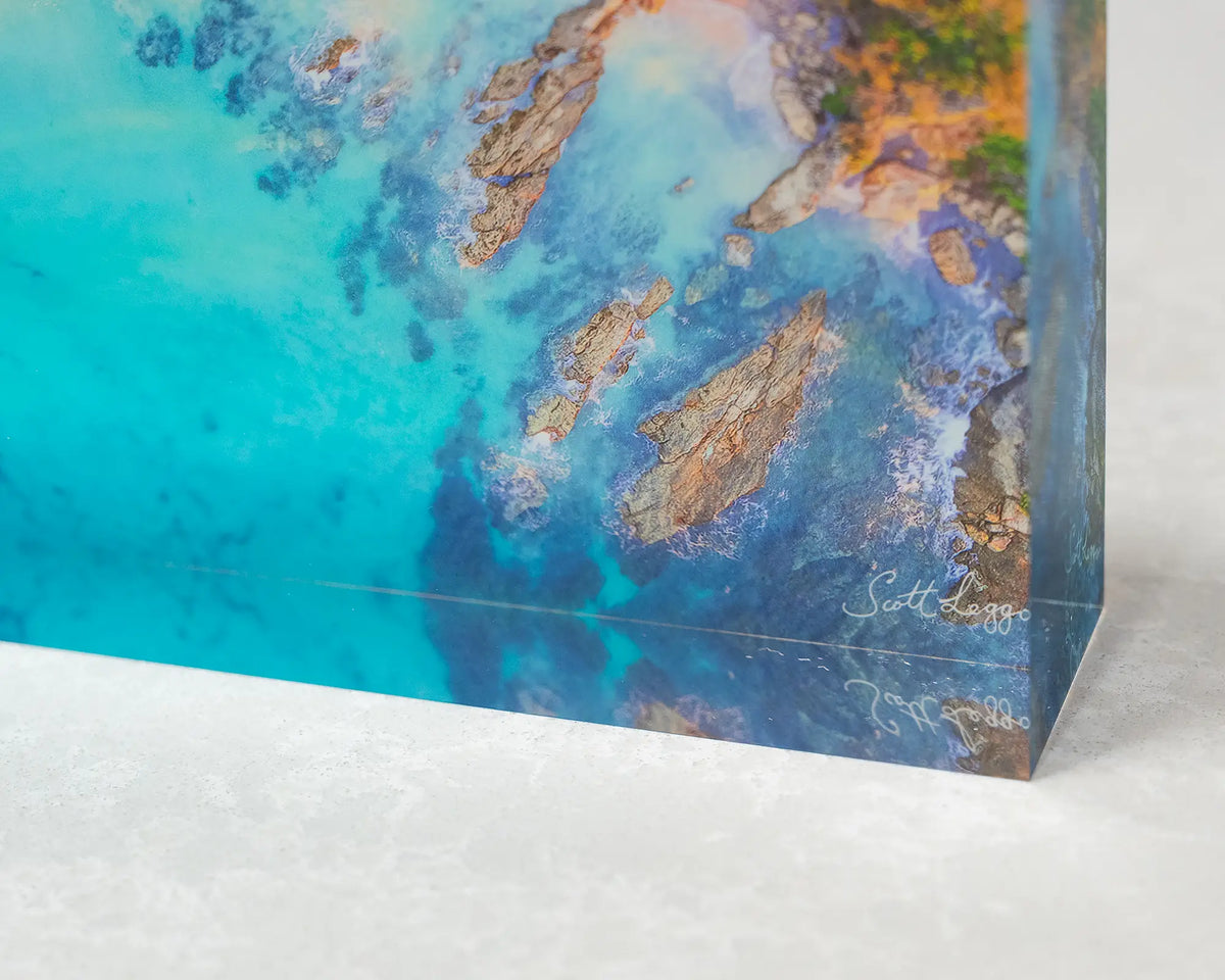 Coastal Bliss. Acrylic block of sunrise at Lilli Pilli Beach, New South Wales, close-up corner details.