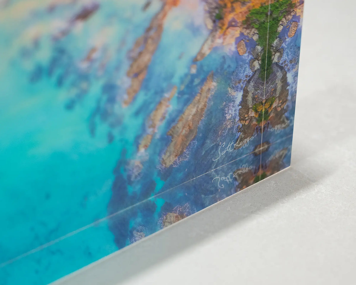 Coastal Bliss. Acrylic block of sunrise at Lilli Pilli Beach, New South Wales, corner details.