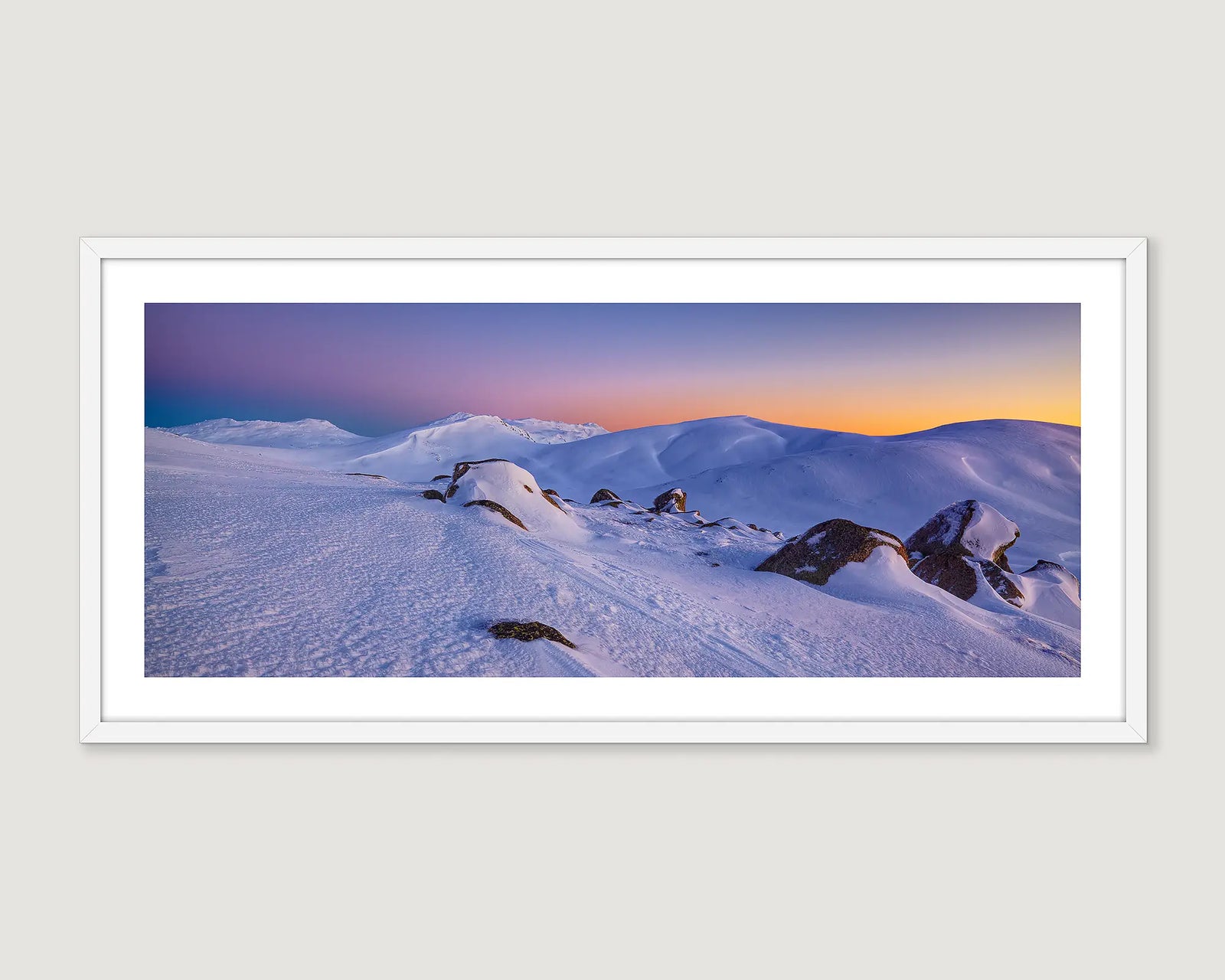 Award wining, framed photograph of a blanket of snow over Muellers Peak, Kosciuszko National Park. 