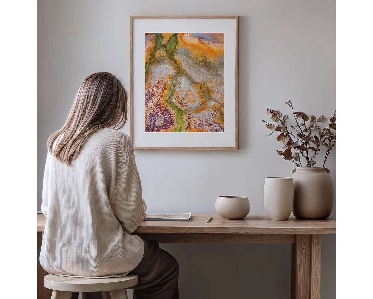 Collision. Abstract Kimberley photography artwork, with a timber frame, hung in a study nook.