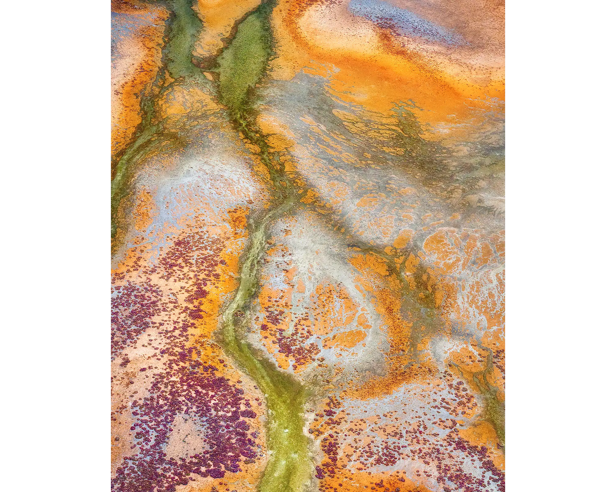 Collision - aerial abstract patterns viewed from above Roebuck Plains in the Kimberley, Western Australia.